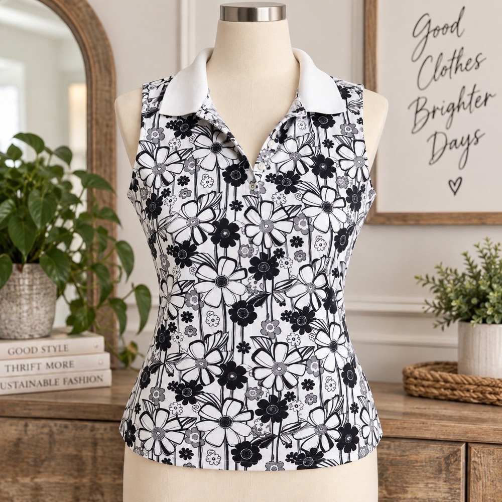 Valerie Stevens Casual Sleeveless Polo Shirt Black White Floral Striped Golf Top